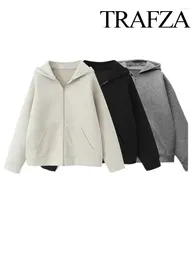 Women's Jackets TRAFZA Autumn Bomber Long Sleeve Pocket With Zipper Aesthetic Coats Woman Casual Solid Color Warm Outerwear Coat