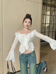 Women's Blouses Blouse For Women Hanging Neck Chiffon Flared Sleeves Ruffled Edge Waistband Short Top Open Waist Pleated Patchwork Silm
