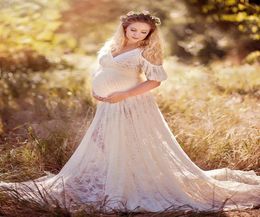 Chic Lace Maternity Dresses For Po Shoot With Short Sleeves Split Front Pregnant Gown Court Train Custom Made Maxi Dress8627639