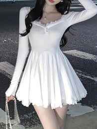 Casual Dresses Lace Mini Dress Women White Sweet Short Female Elegant Fashion Long Sleeve Ladies Chic Square Collar Vestidos