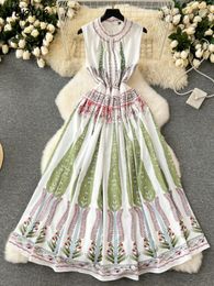 Casual Dresses Neploe French Style O Neck Sleeveless Big Swing Dress Print Panelled Slim Fit Vent Robe A-line Ball Gown Ruched Vestidos