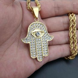 Pendant Necklaces Micro Paved CZ Stone Gold Fatima Hand Islam Amulet Necklace 316L Stainless Steel Men Bling Iced Out Hip Hop Jewelry