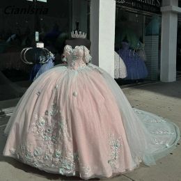 Pink Off The Shoulder 3D Flowers Ball Gown Quinceanera Dresses Floral Appliques Lace Corset Vestidos De 15 Anos