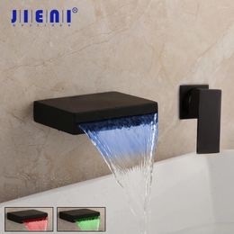 Bathroom Sink Faucets JIENI Matte Black Soild Brass Bathtub Faucet Waterfall LED Change Wall Mount Water Basin Mixer Tap