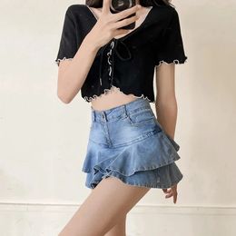 Womens Sexy Fashion S-XL Spring Summer High Waist Denim A-Line Short Skirt Sweet Girl Student Double Ruffled Dance Mini Skirts 240420