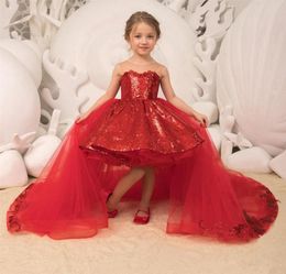 Sparkling Sequined Puffy Short Girl039s Pageant Dresses with Bow Tulle Detachable Train Flower Girls039 Dress Sheer Neck Pri7485997