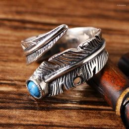 Cluster Rings Real 925 Sterling Silver For Men And Women Vintage Feather Ring With Artificial Turquoise Jewellery Adjustable Opening Type