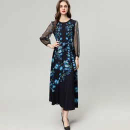 Women's Runway Dresses O Neck Long Sleeves Printed Floral Elegant High Street Casual Vestidos with Sash Belt