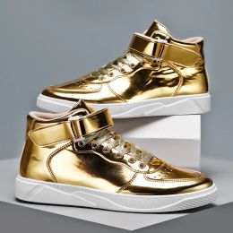 Boots Luxury Gold Men Shoes Patent Leather Designer Sneakers Men High top Mirror Shoes Hiphop Men's Casual Shoes zapatillas hombre