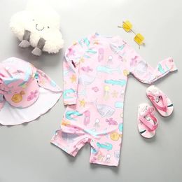 Long Sleeve Children Swimwear Sport Pink Kids Bathing Clothes Cartoon One Piece Girl Swimsuit Beach Baby Surfing Suit 240416