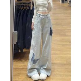 Women's Jeans Light-colored wide-legged jeans female 2024 new spring and fall models womens butterfly high-waisted loose straight long pants 240423