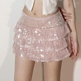 Skirts Spring Summer Women Pink Sequin Multi Layered Ruffle Edge Ultra Short Skirt Sexy Spicy Girl Mid Rise Mini Clubwear