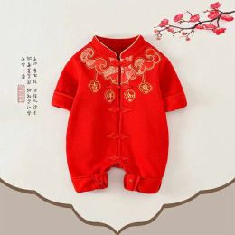 One-Pieces Chinese Traditional Jumpsuit For Girls Newborn Baby Hanfu Red Tang Suit Romper Chinese New Year Outfits Birthday bebe