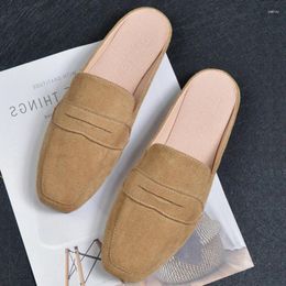 Slippers Slip-on French Half For Women Faux Suede Leather Sandals Vintage Loafer Shoes Mules Slides Brand Designer Summer 33-43