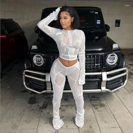 Women's Two Piece Pants Women Solid Hollow Out Crochet Knitted 2 Set O-Neck Long Sleeve Crop Tops High Waist Flare Casual Streetwear Suits