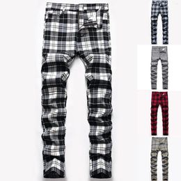 Men's Pants 2024 Men Button Zip Trousers Slim Fit Plaid Print Wild Skinny Soft Full Length Red Printed For Work