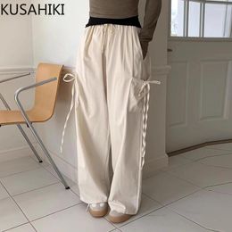 Women's Pants KUSAHIKI Korean Chic Spring Niche Design Side Pockets With Bow Tie Wide Leg Casual For Women 2024 Y2k Pant Mujer