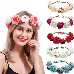 Hair Clips Artificial Flower Wreath Headband Bohemian Tiara De Flores Beach Hawaii Floral Garland Romantic Faux Rose Wedding