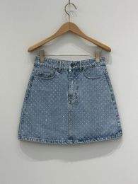 Skirts 2024 Women Fashion Sexy Casual Light Blue Washed Denim Full Diamond Versatile A Word Skirt 0415