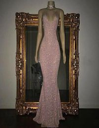 Glittering Pink Sequined Evening Dresses Sexy Spaghetti Straps V Neck Backless Prom Party Gown Mermaid Sweep Train Women Second Re9190517