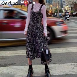 Casual Dresses Leopard Women Straps Sleeveless A-line Loose Ladies V-neck Korean Style Street Fashionable Spring Vintage