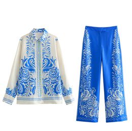 2024ss Women's designer Two Piece Pants long sleeves silk texture shirt+streight Wide leg pants casual Pajama Style Printed fashion beatiful blue color Pants