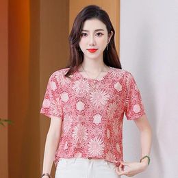 Women's Blouses Clothing Round Neck Shirt Vintage Floral Printed Summer Short Sleeve Elegant Folds Commute Daily Loose Blouse