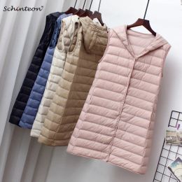 Coats Schinteon Women Ultra Light Down Long Vest with Hood Casual Slim Waistcoat 90% White Duck Down Gilet New 2024 Fashion Hot Sale