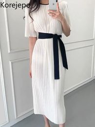 Party Dresses Korejepo Chic Simple Women Contrast Colour Pleated Clothes Summer 2024 Strap Waist Closed Short Sleeve Long Dress