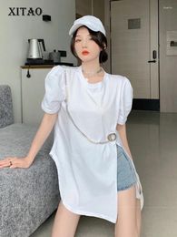 Women's T Shirts XITAO Fashion Casual T-shirt Chain Splicing Slit Women Personality Top Summer Solid Color Street Trendy LYD1386