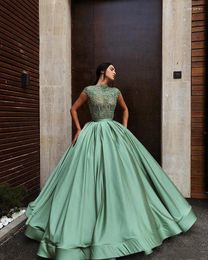 Party Dresses Ball Gown Green Sheer Lace Prom Evening Dress Satin Appliqued High Neck Floor Length Back Zipper Formal Plus Size Pageant