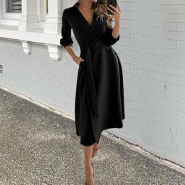 Casual Dresses Autumn Spring Women Dress A-line Big Swing V Neck Belted Tight High Waist Long Sleeve Mid-calf Length Party Prom Midi