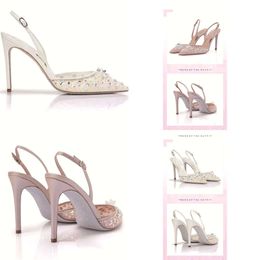 Ladies 2023 Real Leather Sandals 9.5CM Stiletto High Heel Pointed Toe Pillage Diamond Colourful SHOES Party Net Lace Fairy Wedding American Buckle Original Quality