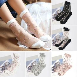 Women Socks 1 Pair Female Mesh Floral Ultra Thin Summer Transparent Lace Silk Crystal Rose Flower Girls Elastic Mid-tube