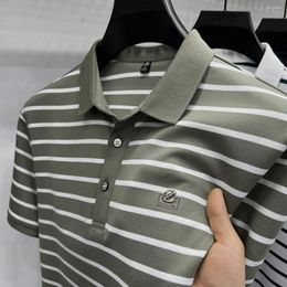 Men's Polos High End Brand Striped Short Sleeved Letter Printed Polo Shirt 2024 Summer Silk Cotton Cool Comfortable Casual T-shirt