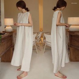 Casual Dresses Korean Summer Women's Sleeveless Split Dress Tank Top Solid Colour Loose Large Lazy Cool Wind Cotton Linen Long Women