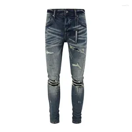 Men's Jeans High Street Fashion Split Je Elastic Tight Leather Panel Designer Hip Hop Brand Pants Ho