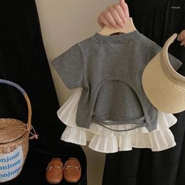 Clothing Sets Children's 2024 Summer Cotton Fashion Grey Backless Short Sleeve Sweet White Pleated Cake Skirt Versatile Set