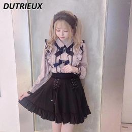 Women's Blouses Lolita Mine System Lace Bow Elegant Blouse Rhinestone Flying Long Sleeve Spting Summer Women Top All-Matching Casual Shirt