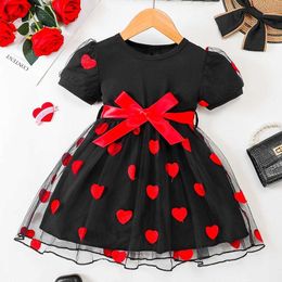 Girl's Dresses 4-7Years Child Girl Princess Dress Red Bow Short Sleeve Love Tulle Skirt Festival Birthday Party Costumes for Little GirlL2404