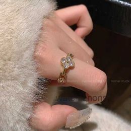 High-end Luxury Ring Fanjia Four Leaf Grass RingFull Diamond Zircon Open Adjustable Index Finger 2024 New Exquisite High Grade