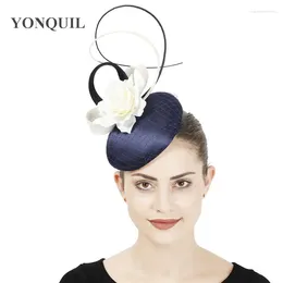 Berets Navy Formal Satin Hair Fascinator Hat Evening Party Ladies Headpiece Nice Gril Mesh Bridal Wedding With Feathers