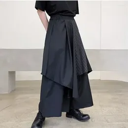 Men's Pants Elastic Waist Irregular Skirts Trousers Loose Punk Japanese Dark Fighter Mens Wide Leg Striped Patchwork Streetwear