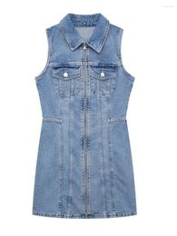 Casual Dresses Women's Summer Denim Tank Dress Lapel Sleeveless Zip-up Slim Short Jean Streetwear