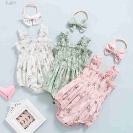 Rompers Infant Baby Girls Sleeveless Jumpsuit Floral Print Elastic Bust Shoulder Straps Romper Bow Headband d240425