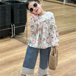 Clothing Sets Set For Girls 2024 Autumn Korean Style Lace Collar Butterfly Doll Shirt And Wide Leg Jeans Sweet Two Piece
