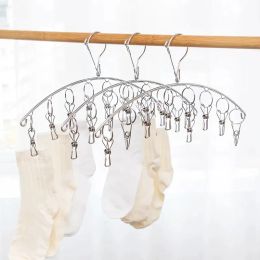 Organisation 1pcs Stainless Steel Sock Rack With Windproof Curved 8Clip Solid Clothes Rack Multifunctional DualPurpose Clothes Rack