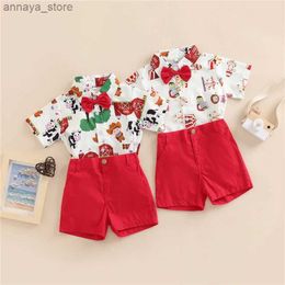 T-shirts Christmas Toddler Kids Boys 2 Pieces Outfits Farm/Circus Cartoon Animal Print Short Sleeve Shirts + Solid Colour Shorts SetL2404