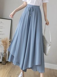 Capris Elastic Wide Leg Pants Women Korean Fashion Chiffon Trousers Summer Casual Loose Pleated Pants Lady High Waist Street Skirt Pant