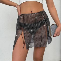 Skirts Mini A-line Skirt Fishnet Rhinestone Split Girl Summer Beach Party Evening Show Dance Perfermance Sexy Mesh Crystal